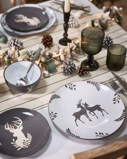 Dibor 12 Piece Grey and White Reindeer Ceramic Christmas Dinner Set for 4 People – 1