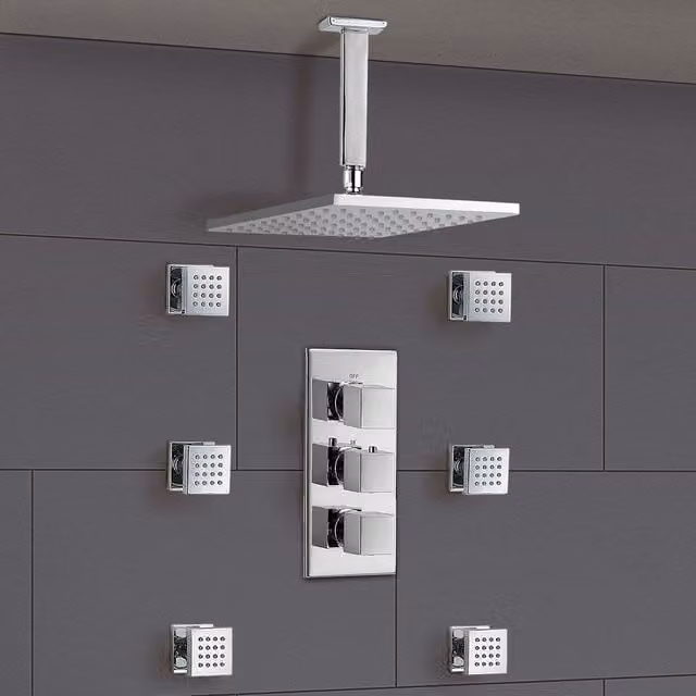 Nes Home Rose Square Concealed Thermostatic Shower Mixer Set with Ceiling Head and Massage Body Jets in Silver