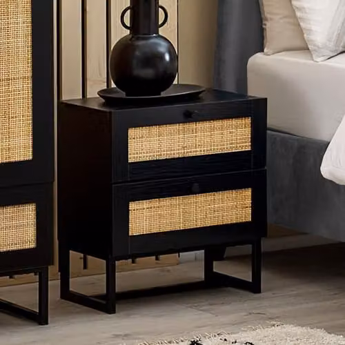 Julian Bowen Padstow Black and Rattan 2 Drawer Bedside Table, W/D/H: 40 x 30 x 55 cm