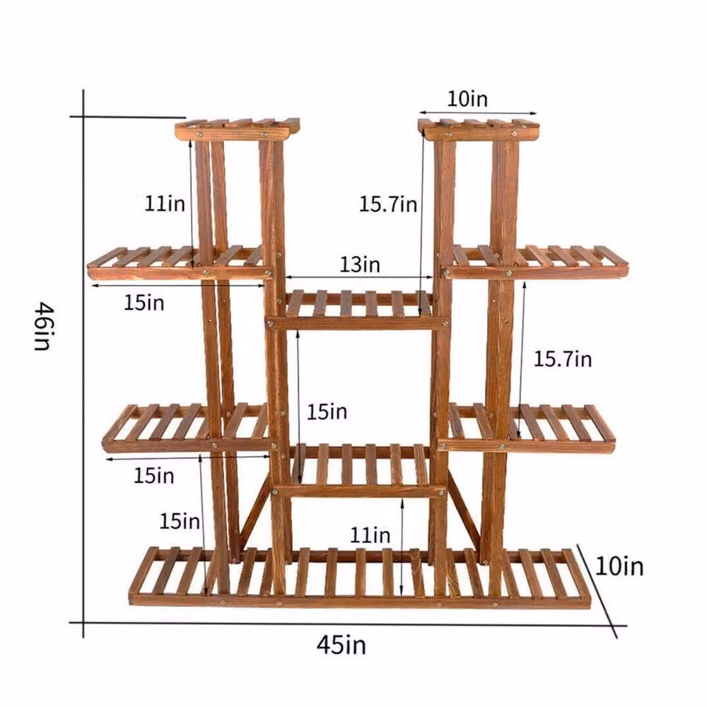 ERGOVEXA Brown Wood and Metal Anti-corrosion Flower Rack Corner Planter Holder, H 116 x W 30 x D 4 cm – 2