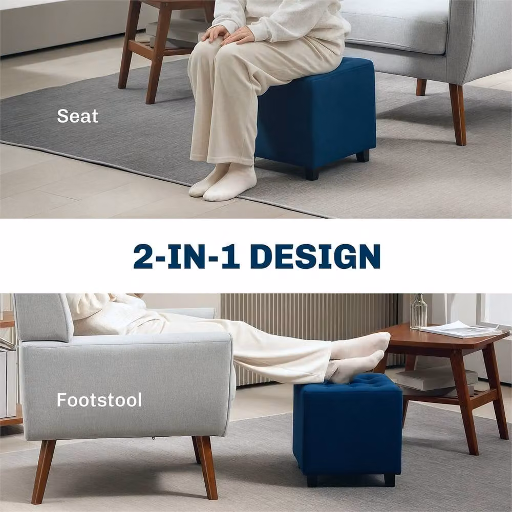 EONLION Blue Velvet Cube Footstool Ottoman – 4