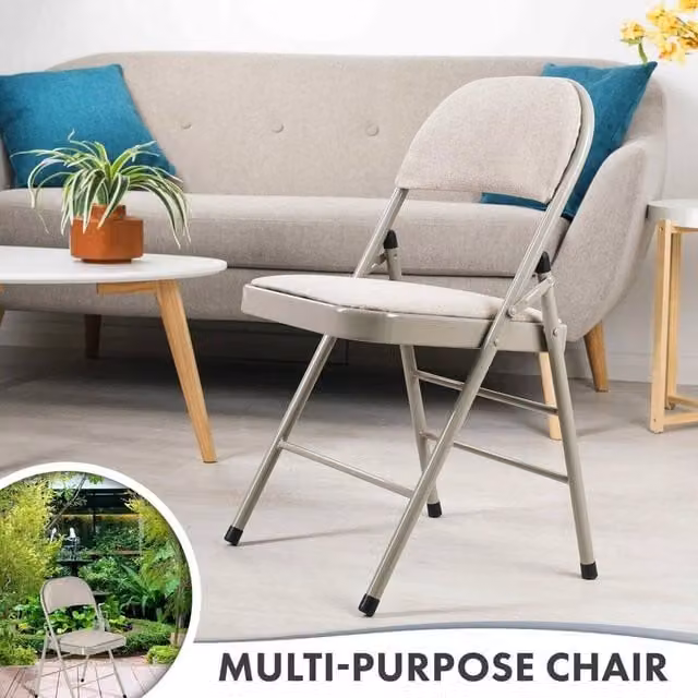 Kelvenix Camel Cream Folding Chairs with Padded Fabric Seats and Metal Frame, Height: 100 cm