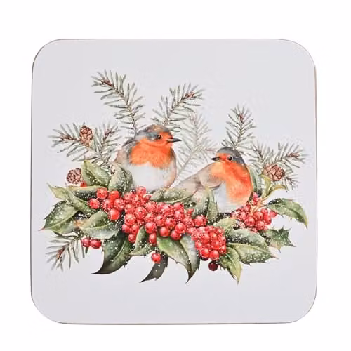 Widdop and Co Set of 4 Square Wooden Christmas Robin Coasters in Red and Multicolour