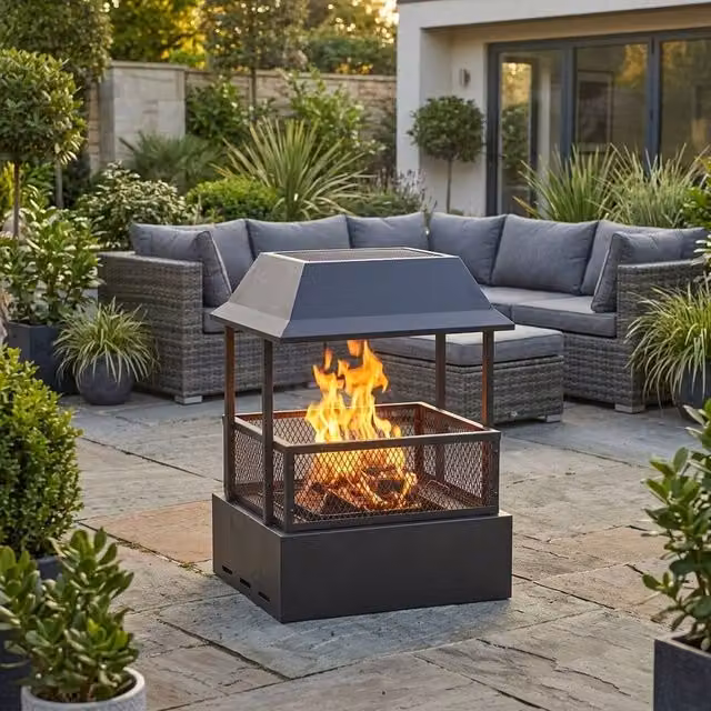 Garden Greatness HeatHaze Sleek Rectangular Steel Garden Fireplace in Black, W/D/H: 80.5 x 58 x 47.5 cm