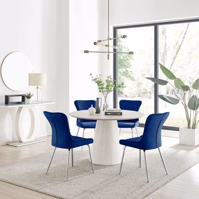 FurnitureboxUK Palma Beige Stone Effect Round Dining Table and 4 Nora Blue Chairs with Silver Legs
