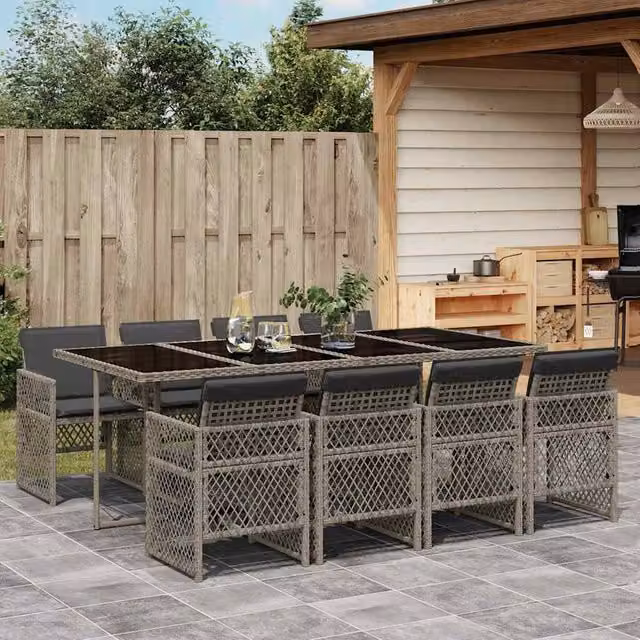 Berkfield Home 9 Piece Grey Poly Rattan Garden Dining Set with Cushions – 1