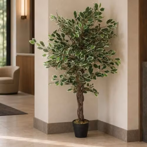Leaf Realistic White Edge Ficus Artificial Tree in Green and White, Height: 130 cm – 4