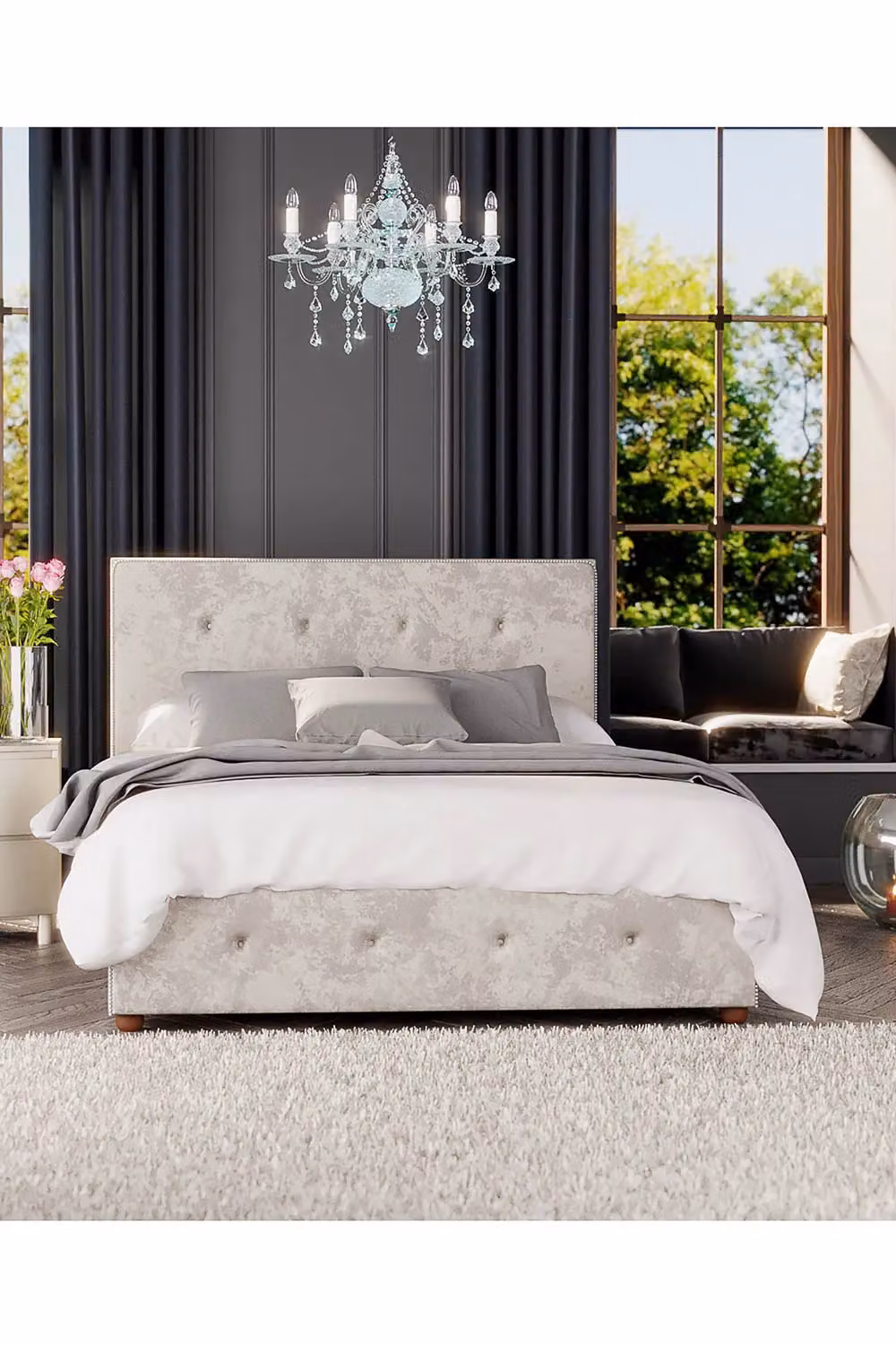 Laurence Llewelyn-Bowen Hesper Ottoman Storage Bed in White Mirazzi Velvet Fabric, Size: Double (W: 140 cm, L: 200 cm) – 4