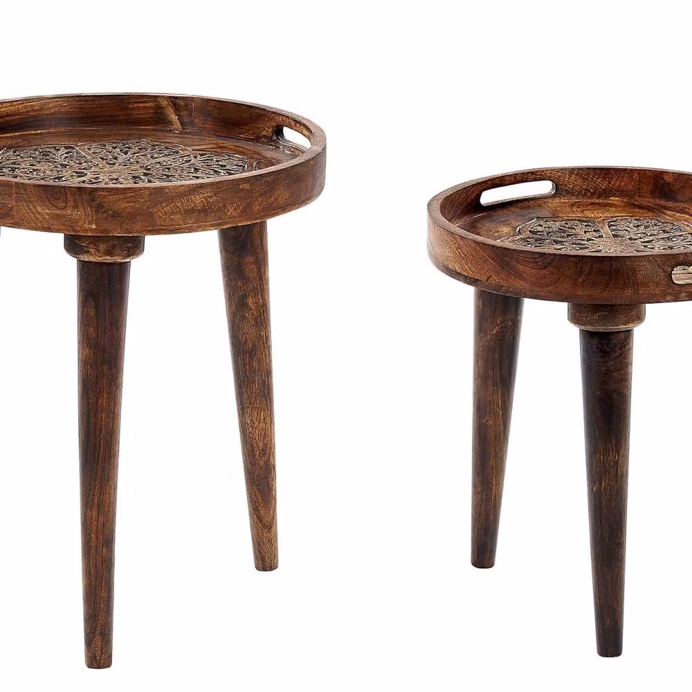 Wyld and Coco Heritage Set of 2 Round Mango Wood Nest of Side Tables in Brown – 2
