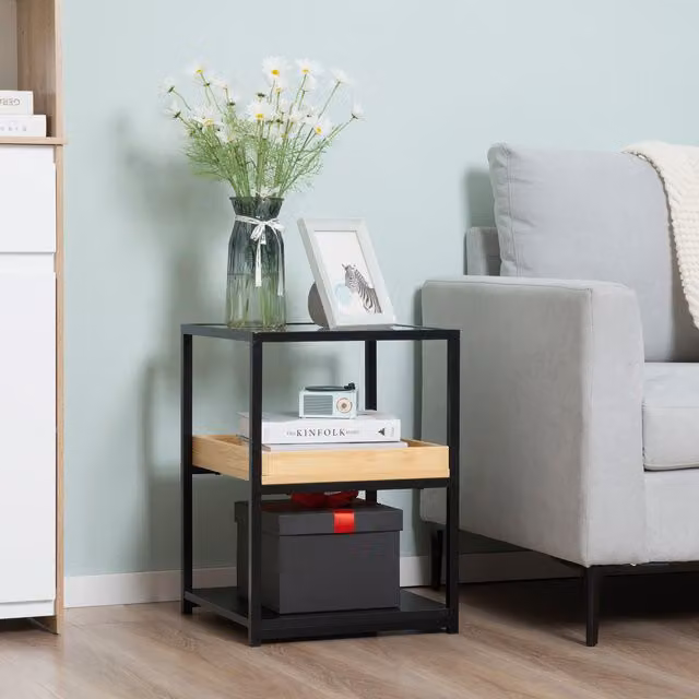HOMCOM Modern 3-Tier Side Table with Glass Shelf in Natural Wood and Metal Finish