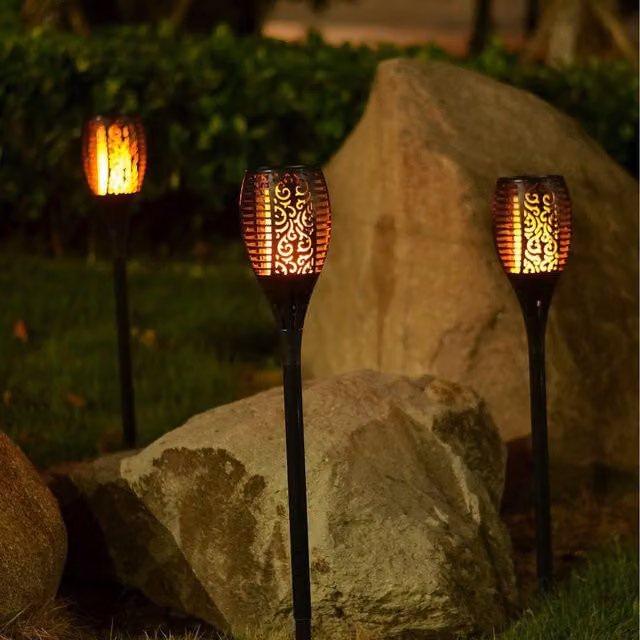 Lighting Legends 2 Pack Solar Powered 96 LED Flickering Flame Torch Stake Lights in Black
