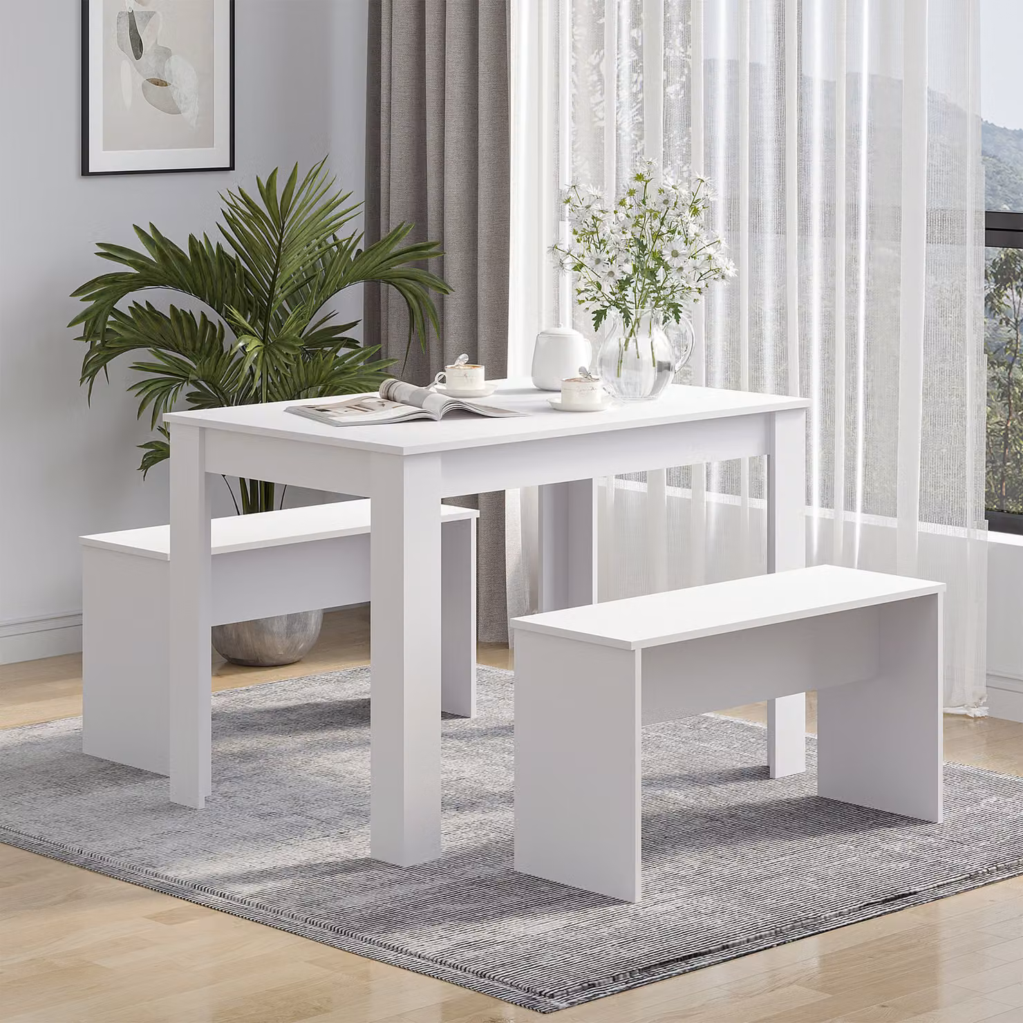 HOMCOM 3 Piece Dining Set with Rectangular Table and Benches in White – 2