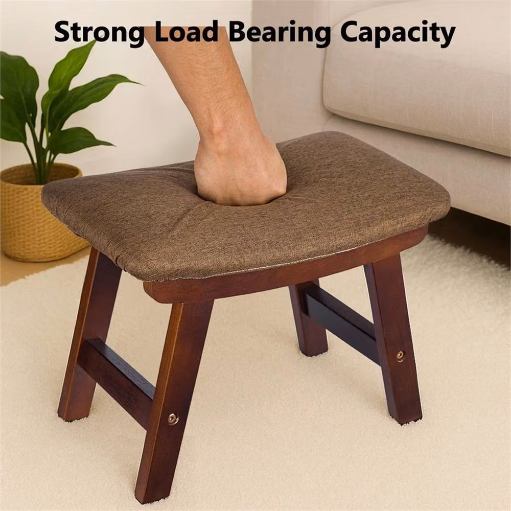 VOGREX Brown Wooden Rectangular Footstool Ottoman with Removable Fabric Cover for Living Room, Bedroom or Hallway – 5