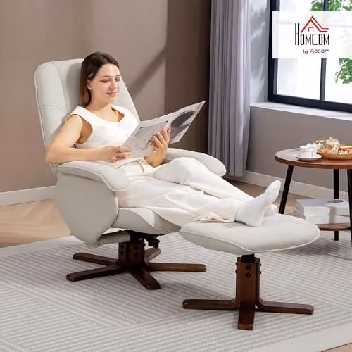 HOMCOM Beige Fabric Swivel Recliner Chair with Ottoman and Solid Wood Frame – 2
