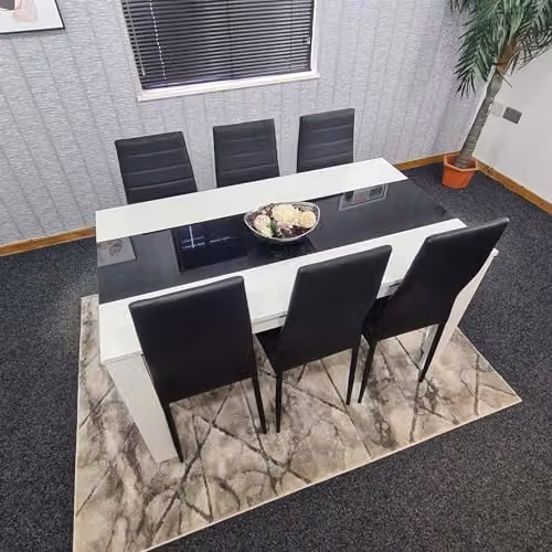 KOSY KOALA Modern Dining Table Set with 6 Black Faux Leather Chairs, White and Black Glass Top, W/D/H: 140 x 80 x 75 cm – 4