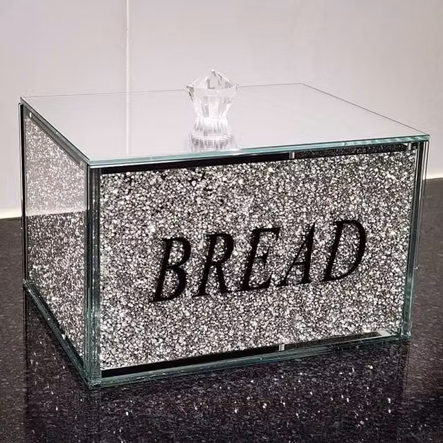 DEENZ Crushed Diamond Crystal Filled Glass Bread Bin in Silver