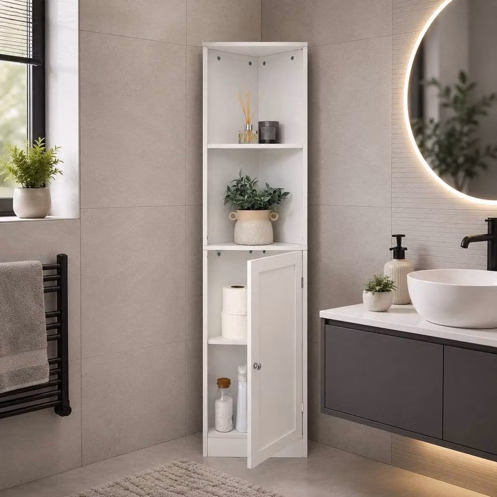 PAWNORA White Corner Bathroom Storage Cabinet with 2 Internal Shelves and Hinged Doors – 3