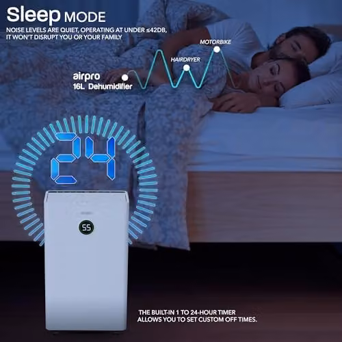 MONHOUSE Digital Dehumidifier in White with Sleep Mode, 24H Timer and Continuous Drain, 16L/Day Capacity – 6