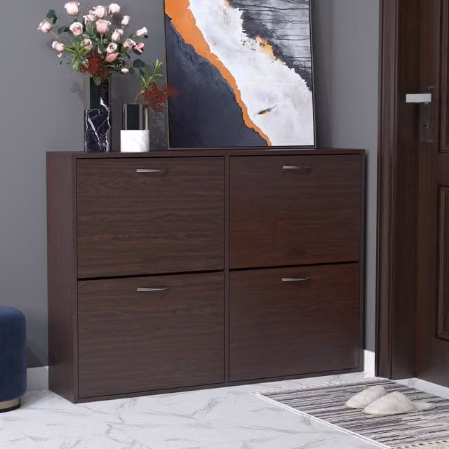 HOMCOM Modern Brown Wooden Shoe Cabinet with Tilting Compartments for Hallways