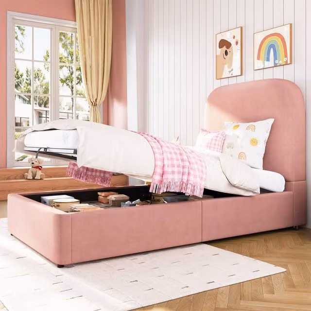 Matteo Children's Pink Velvet Upholstered Single Bed with Hydraulic Storage, W/D/H: 90 x 200 cm