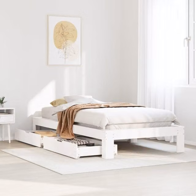 Berkfield Home Small Single Solid Wood Pine Bed Frame with Drawers, White, W/D/H: 75 x 190 cm