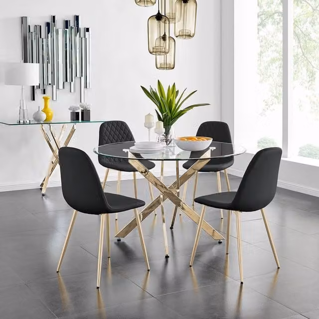 FurnitureboxUK Novara Gold Round Glass Dining Table and 4 Corona Gold Faux Leather Chairs Set in Black and Gold