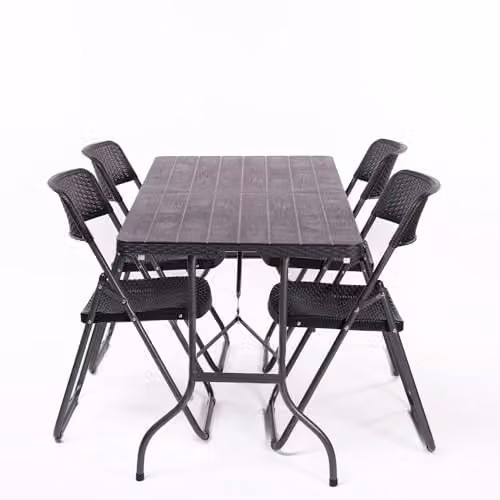Garden Gear Folding 5ft Rectangular Table and 4 Chairs Set in Black or Grey Rattan and Wood Effect Plastic with Powder Coated Steel Frame – 2
