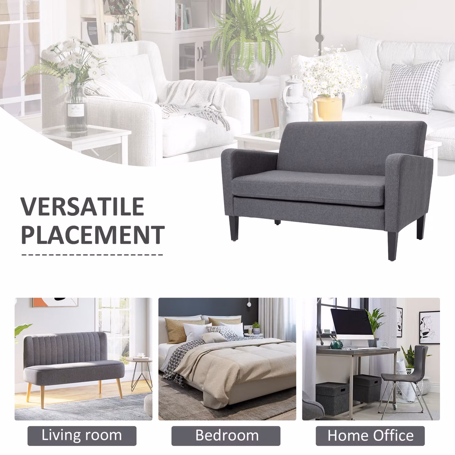 HOMCOM Modern Curved 2-Seat Fabric Loveseat with Thick Cushions and Scatter Cushions in Grey – 6
