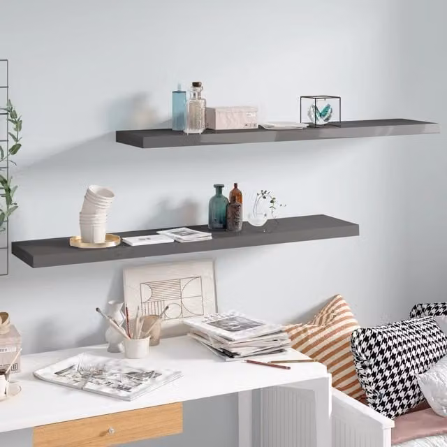 Berkfield Home Floating Wall Shelves, 2 Piece, High Gloss Grey, W: 120 cm, D: 23.5 cm, H: 3.8 cm