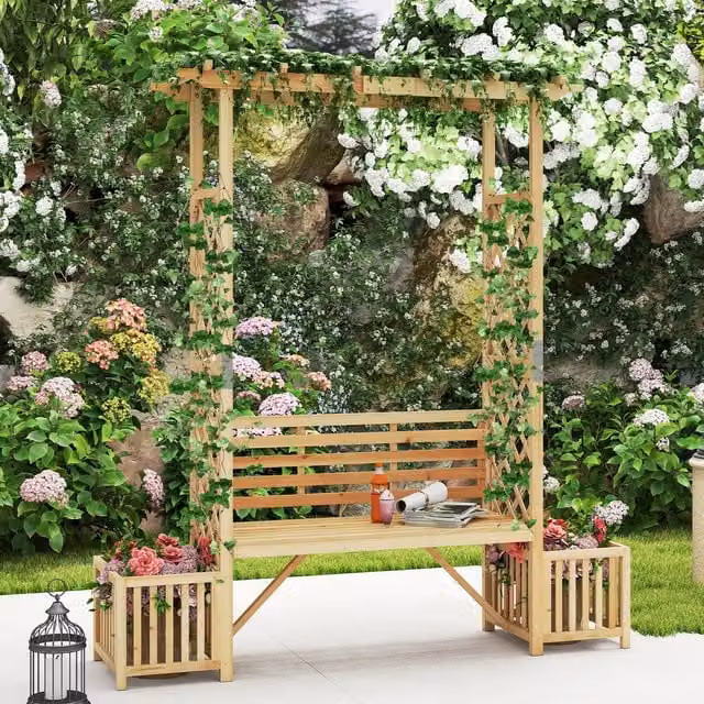 Costway Rustic Brown Treated Hardwood Garden Bench Arbor Arch