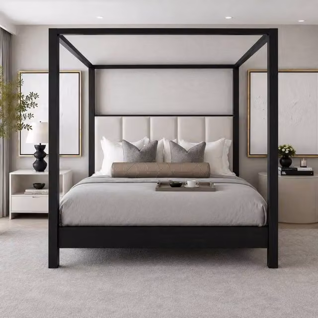 Stratus Interiors Upholstered Four Poster Bed Frame in Black, King Size