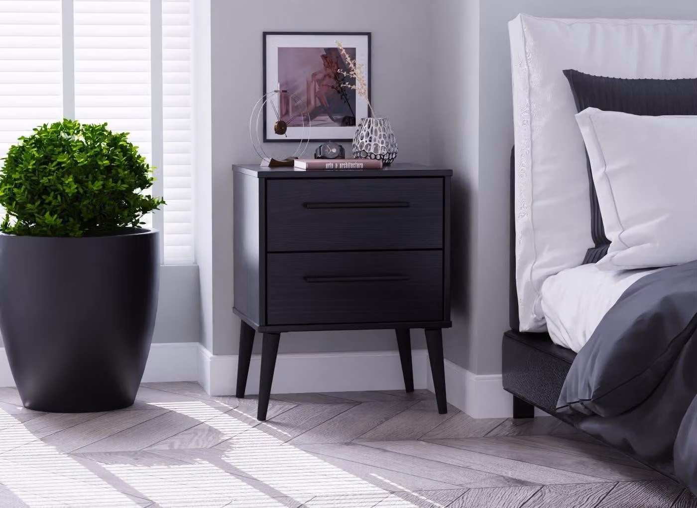 Oregon Bedside Table with Soft Close Drawers in Black Scandinavian Style Wood and Metal