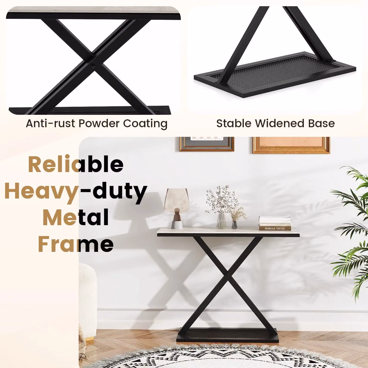 Costway Modern Faux Marble Top Console Table with Metal Frame in White – 6