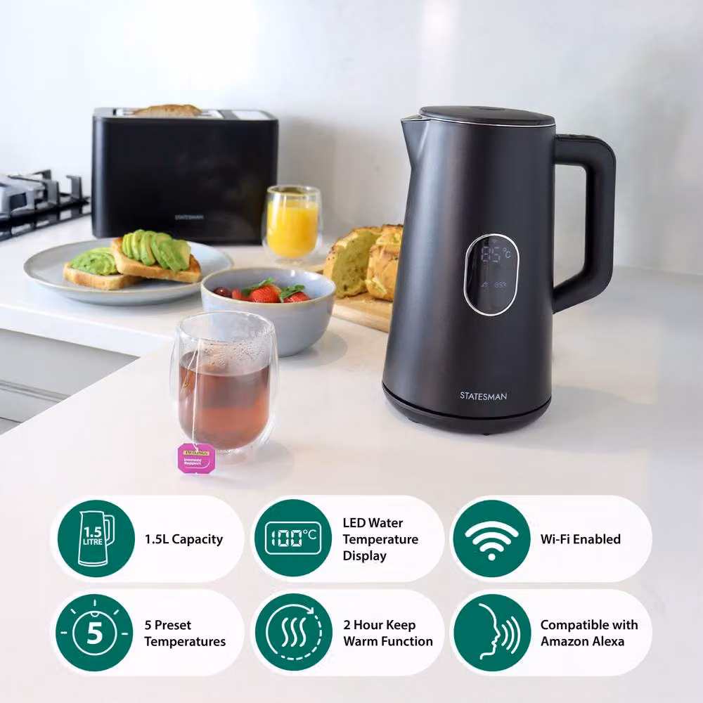 Statesman Smart Digital Kettle in Black with Temperature Control and App Integration, 1.5 l – 2