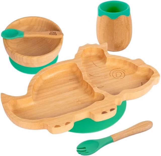 Tiny Dining 5-Piece Bamboo and Silicone Dinosaur Baby Weaning Set in Green