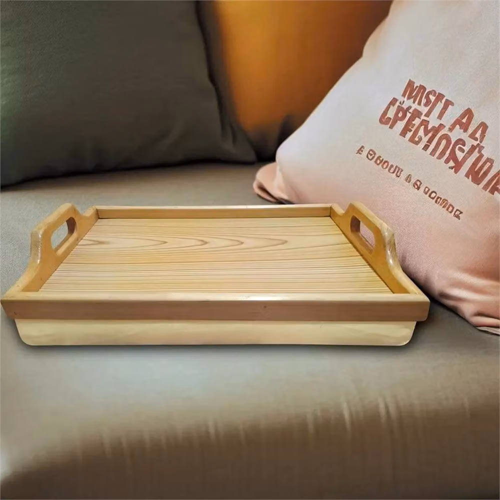 Homion Rectangular Wooden Lap Tray with Handles in Beige – 3