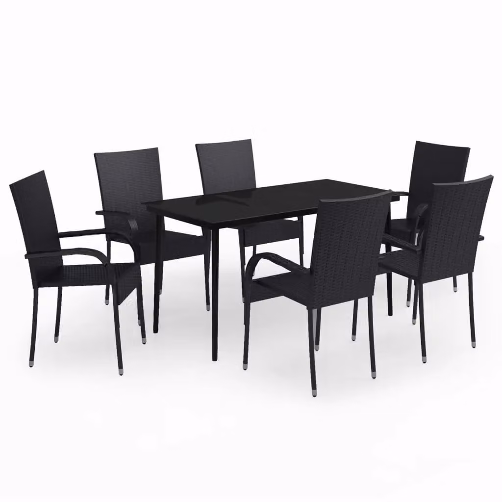 Berkfield Home 7 Piece Black Matt Garden Dining Set with Glass Top and Powder Coated Steel Frame – 2