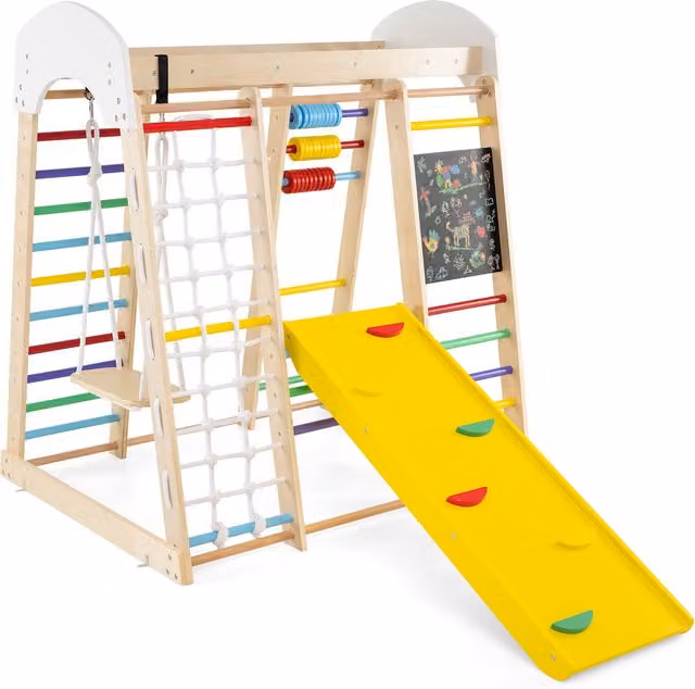 Costway 7 in 1 Wooden Climbing Toy Set for Toddlers in Brown and Multicolour