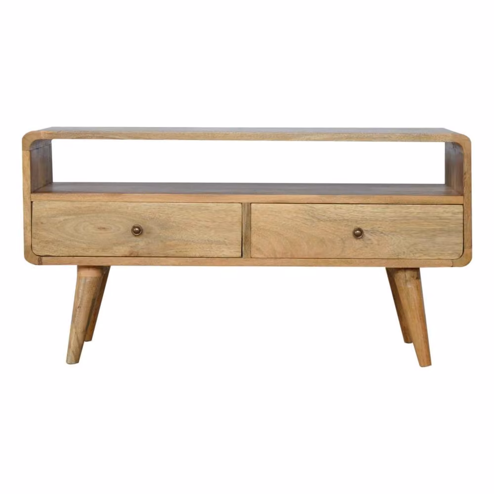 Wyld Haus Urbino Curved Mango and Oak Wood Low TV Media Unit with 2 Drawers, Brown, W: 120 cm, D: 40 cm, H: 47 cm – 2