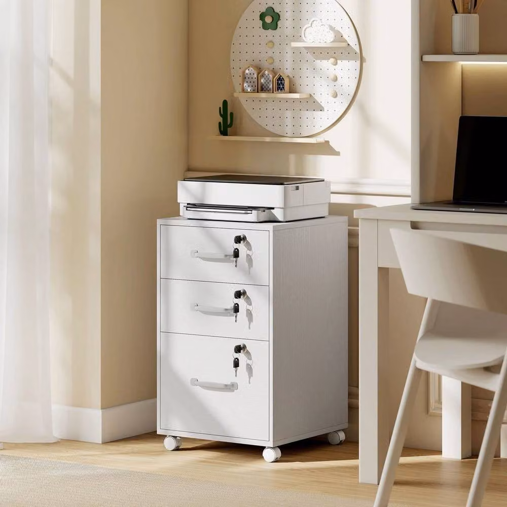 Kelvenix 3 Drawer Rolling Filing Cabinet in White with Lock and Castors – 2