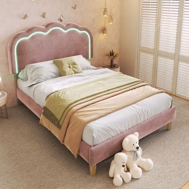 BTM Pink Velvet Upholstered Single Bed Frame with Wooden Slats, W/D/H: 90 x 190 x 104 cm – 1