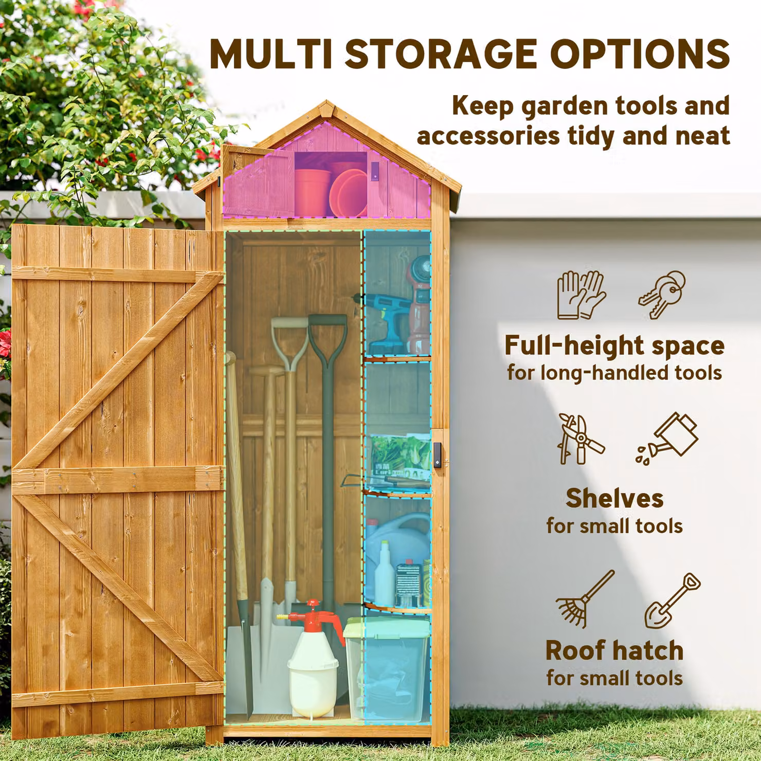 Outsunny Wooden Garden Storage Shed Vertical Tool Cabinet Organiser with Shelves and Lockable Doors, Brown, W/D/H: 77 x 54.2 x 179 cm – 4