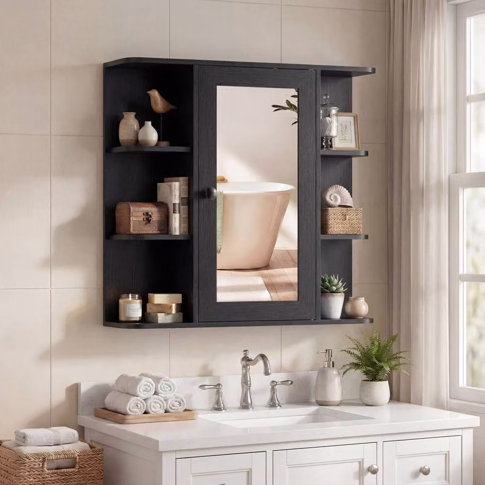Gymax Wall Mounted Black Matt Bathroom Medicine Cabinet with Mirror and Internal Shelves – 7