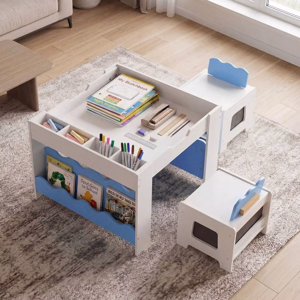 Havendro Multi-purpose Activity Table Set with Double-sided Tabletop in Blue and White, W/D/H: 48.0 x 66.0 cm – 2