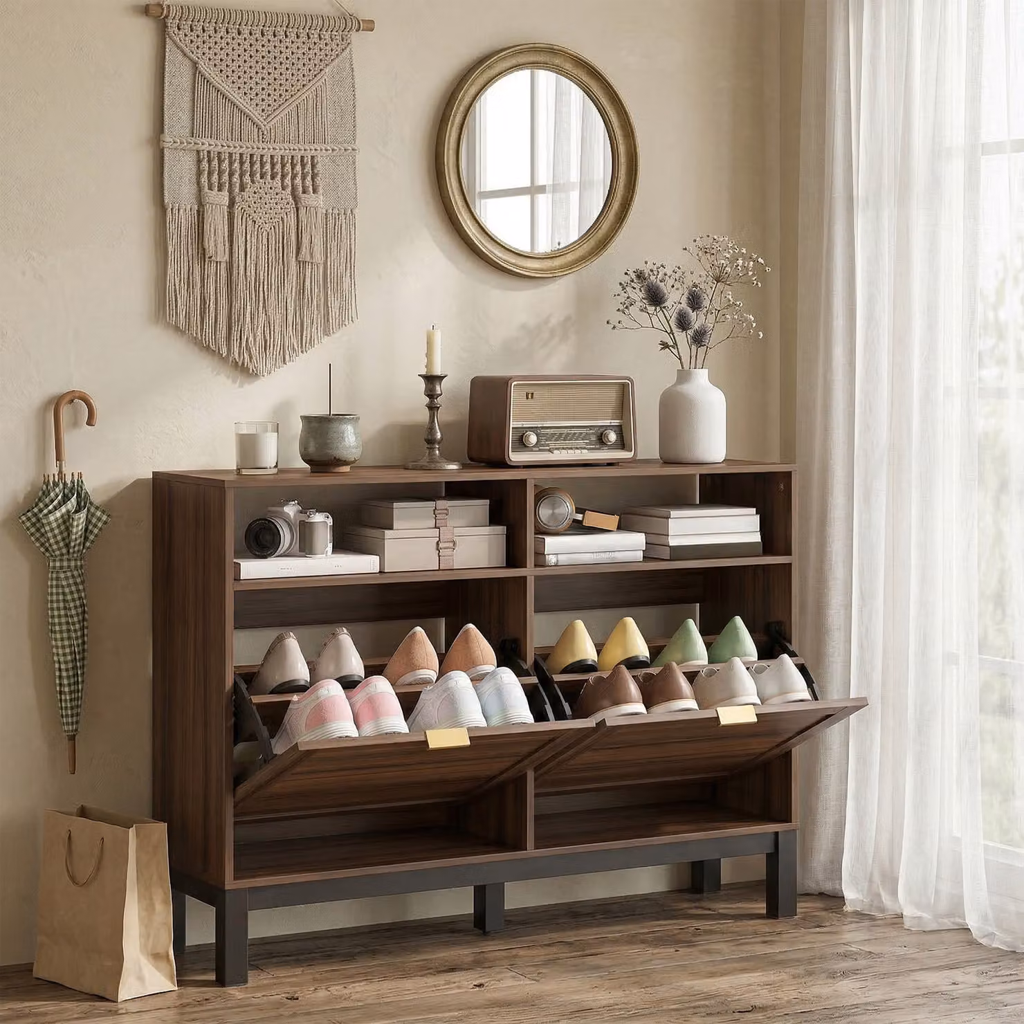HOMCOM Rustic Brown Shoe Cabinet with 2 Tilting Compartments and Open Shelf for Hallway and Entryway – 3