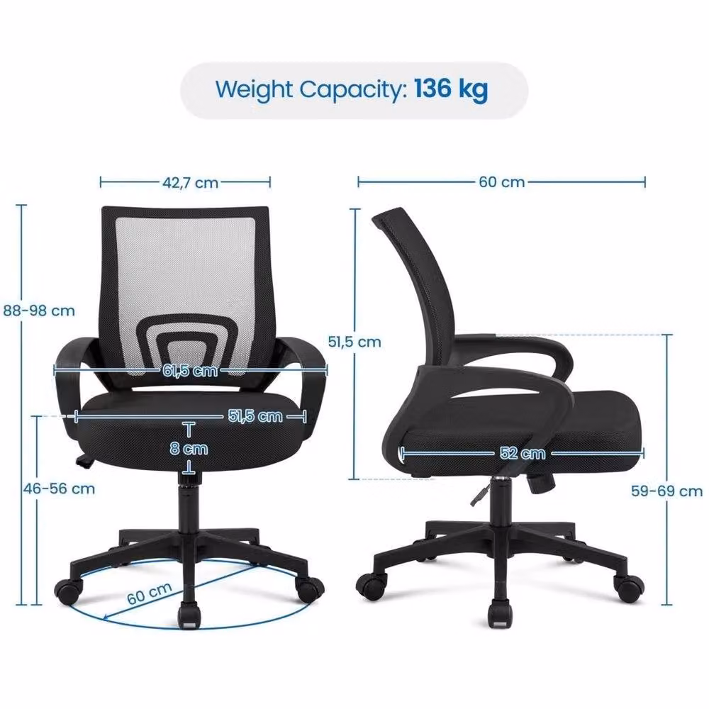 NESTLUNE Adjustable Swivel Mesh Office Chair in Black with Armrests and Headrest – 2