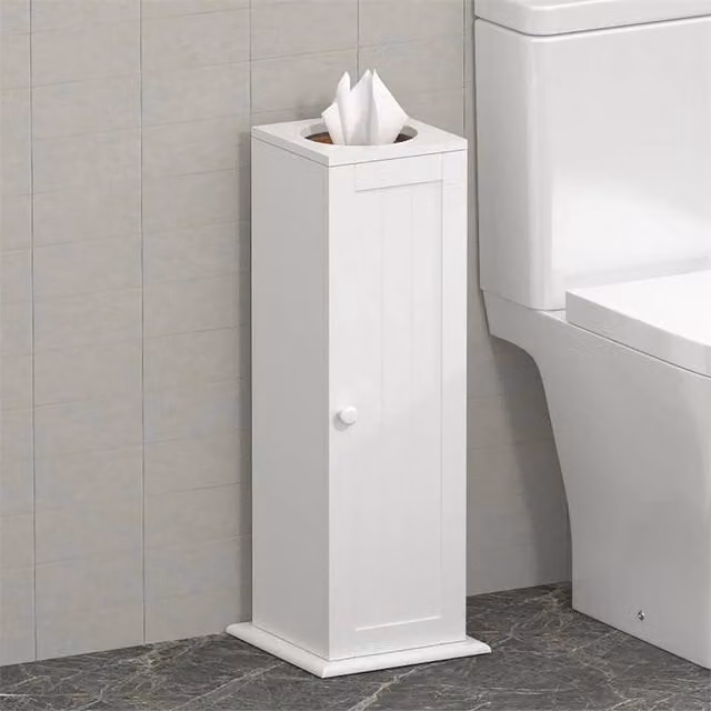 Nordara White Wooden Toilet Paper Holder Stand and Bathroom Storage Cabinet – 1