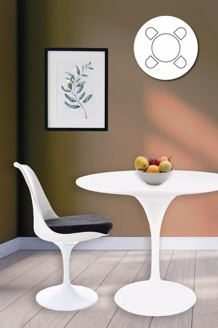 Fusion Living Tulip Dining Set with White Medium Circular Table and Four Black Chairs