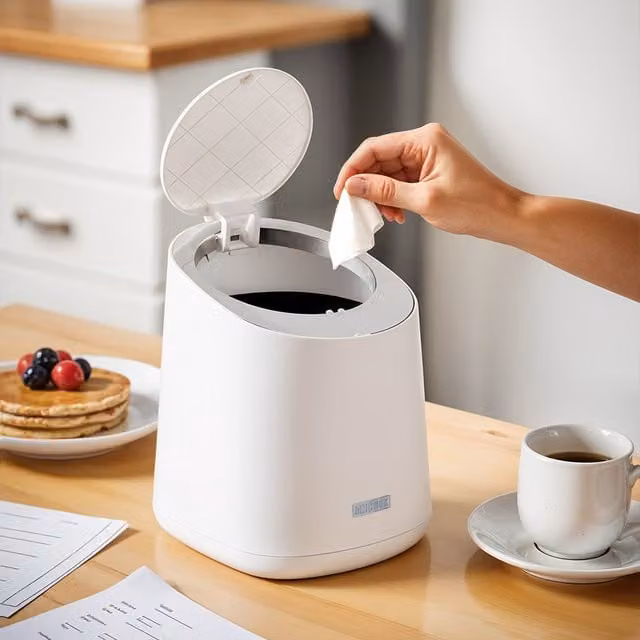 Livingandhome Mini Desktop Bin with Touch Press-Top Lid, White Plastic