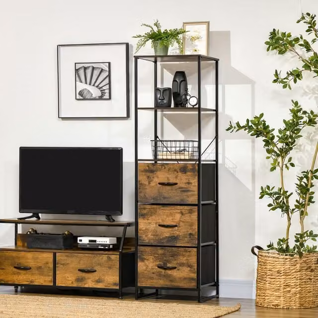 HOMCOM Industrial Cabinet Bookshelf with 2 Shelves and 3 Fabric Drawers in Brown and Black
